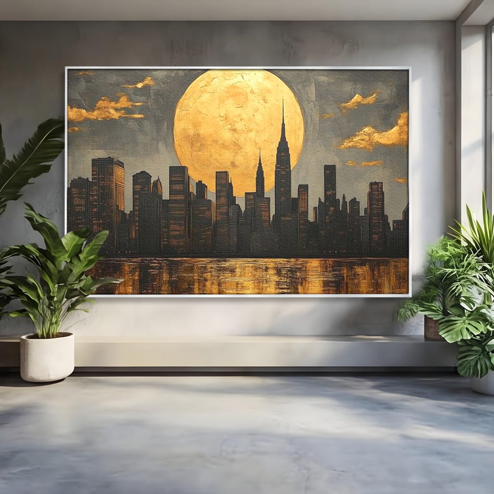 Tablou canvas cu pictura orizontala cu metropola si luna aurie, in rama de aluminiu argintiu